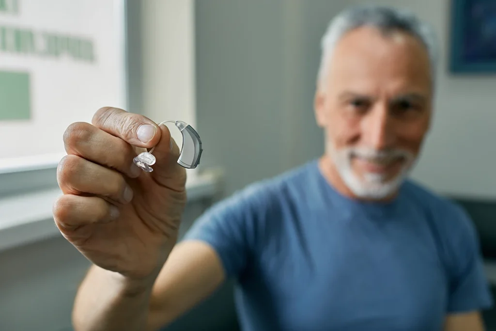 Older adult man man holding an AI hearing aid in hand on foreground, close-up.